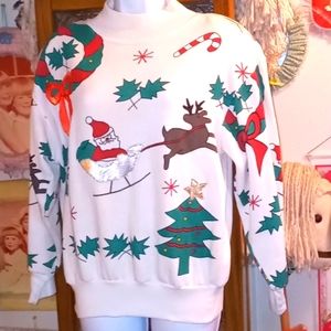 Vintage 80's,Red, White & Green Christmas 🎄 Sweatshirt with Reindeer & Santa 🎅
